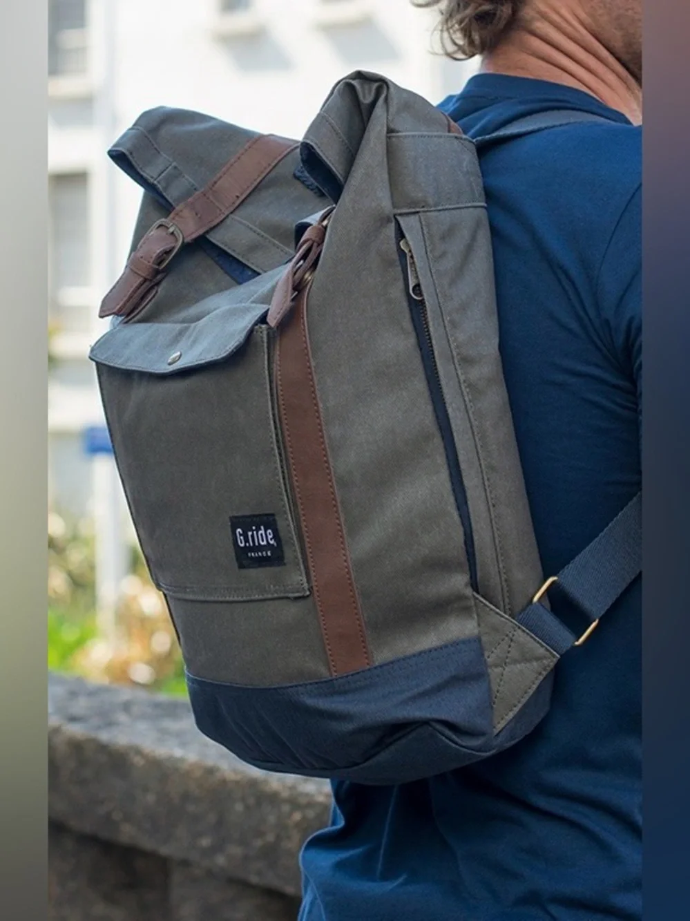 G. Ride France Roll Top Khaki Green Canvas Backpack
